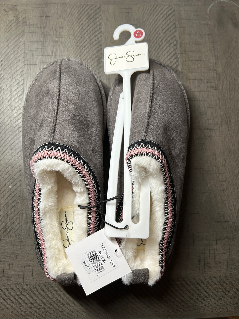 Jessica Simpson Gray Faux-Suede Plush-Lined Mules with Pink Trim